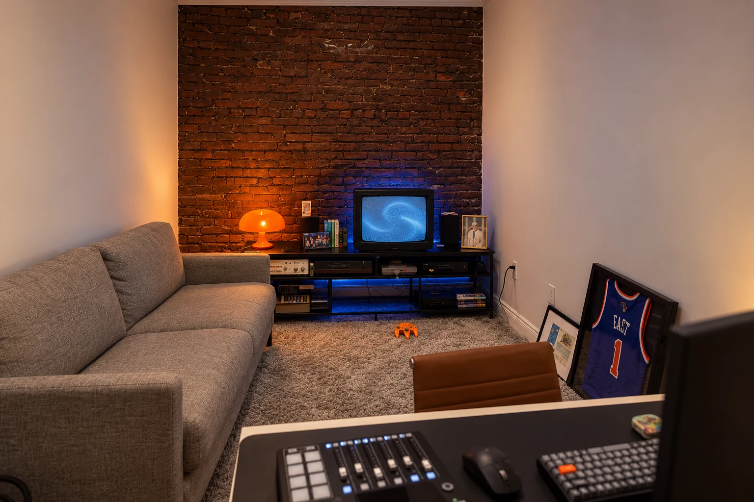 AI-assisted view of Around's compact Chinatown streaming room with a desk, couch, brick wall, retro television, and orange and blue lighting